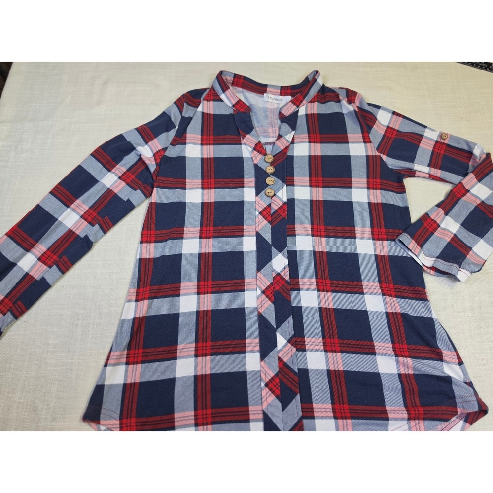 Moqivgi Womens Plaid V Neck Roll Tab Long Sleeve Top Navy Red White Size L